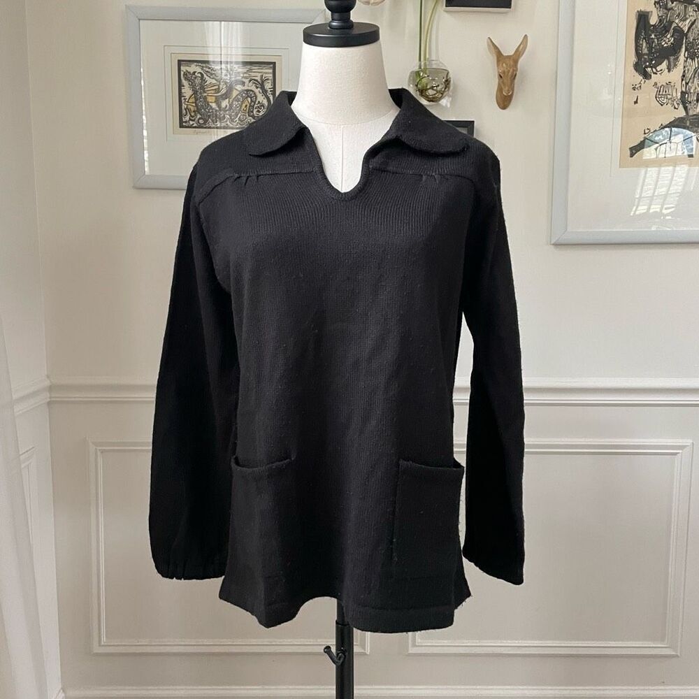 Vintage 70s Corliss Split Neck Tunic Sweater Black M L